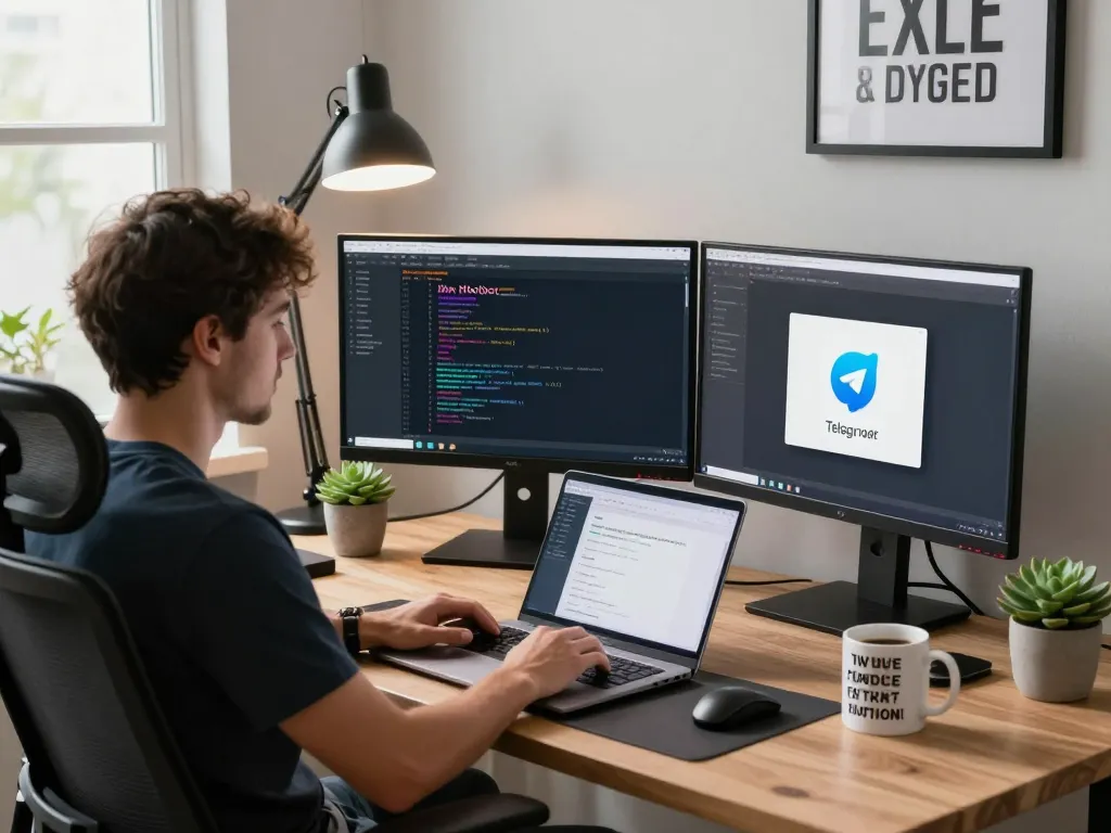 Developer utilizing moltbot in a modern workspace with dual monitors and tech decor