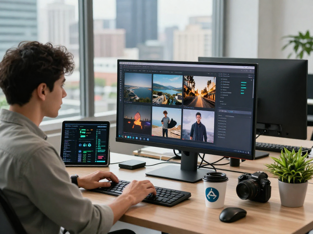 AI image detector analysis in a modern workspace with a data analyst reviewing various digital media.