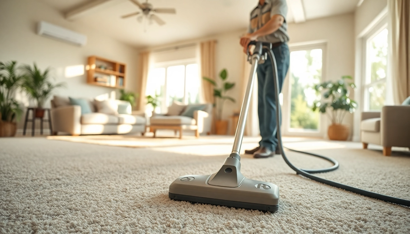 Carpet cleaning near me in a well-lit living room with a technician using modern equipment.