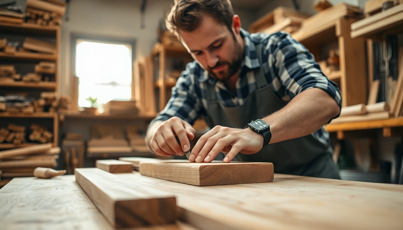 Capture the essence of Carpentry Apprenticeship Near Me with a carpenter crafting wood in a warm workshop.