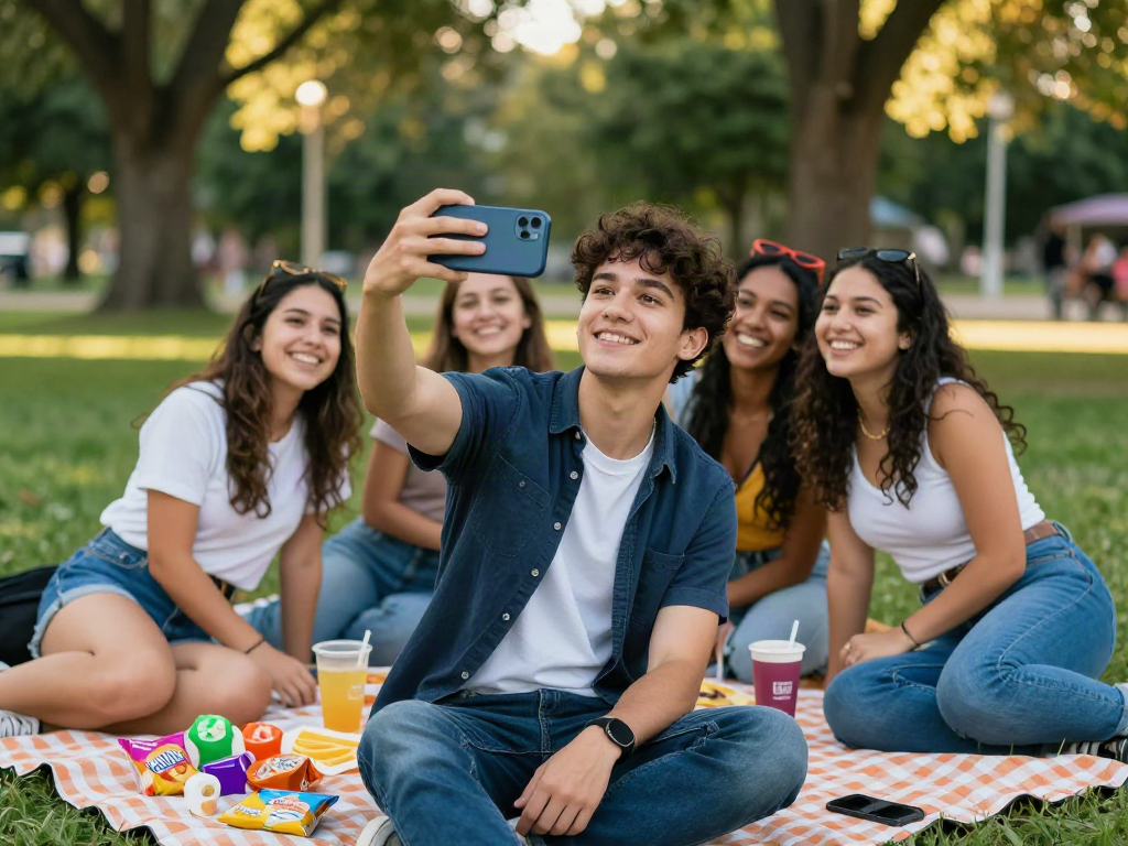Friends enjoying a sunny day outdoors while testing 'how old do I look' AI app with smiles and laughter