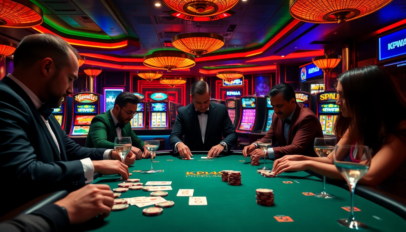 KPI4D poker players engaging at a high-stakes table in a luxurious casino atmosphere.