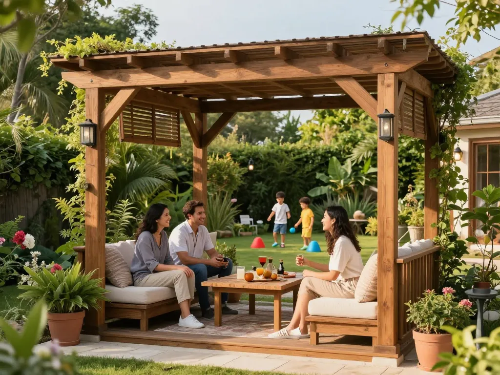 Configurateur pergola sur mesure avec devis installé dans un jardin luxuriant, famille profitant de l'espace extérieur.