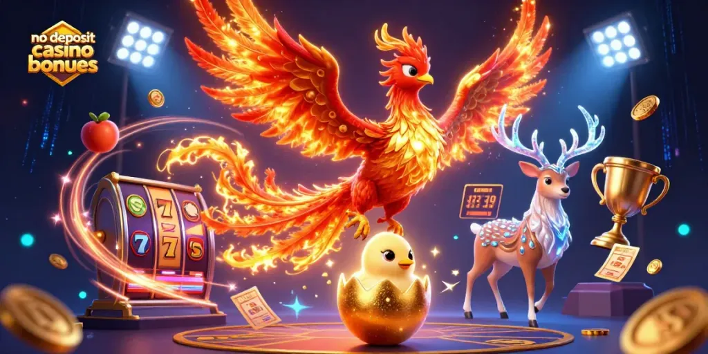 Experience exciting no deposit casino bonuses with vibrant casino-themed elements in a dynamic scene.