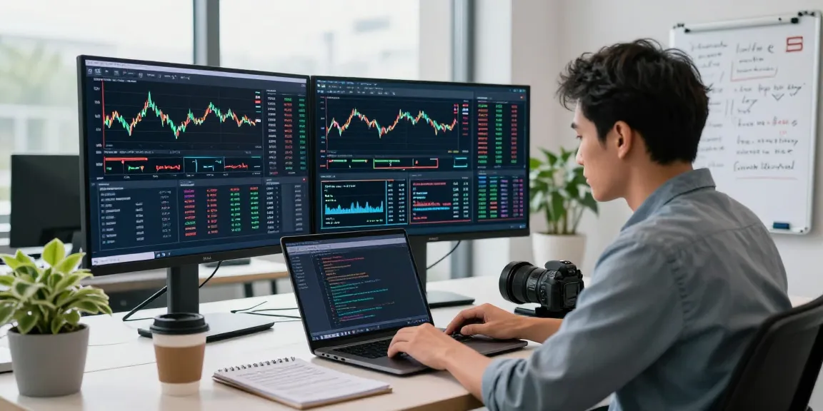 Trader utilizing mt5 on multiple screens in a modern trading workspace, focusing on market analysis.