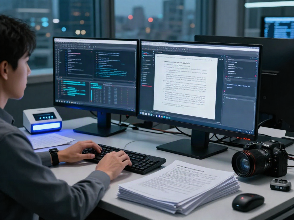 Advanced document fraud detection software analysis in a modern office environment, showcasing technology and security.