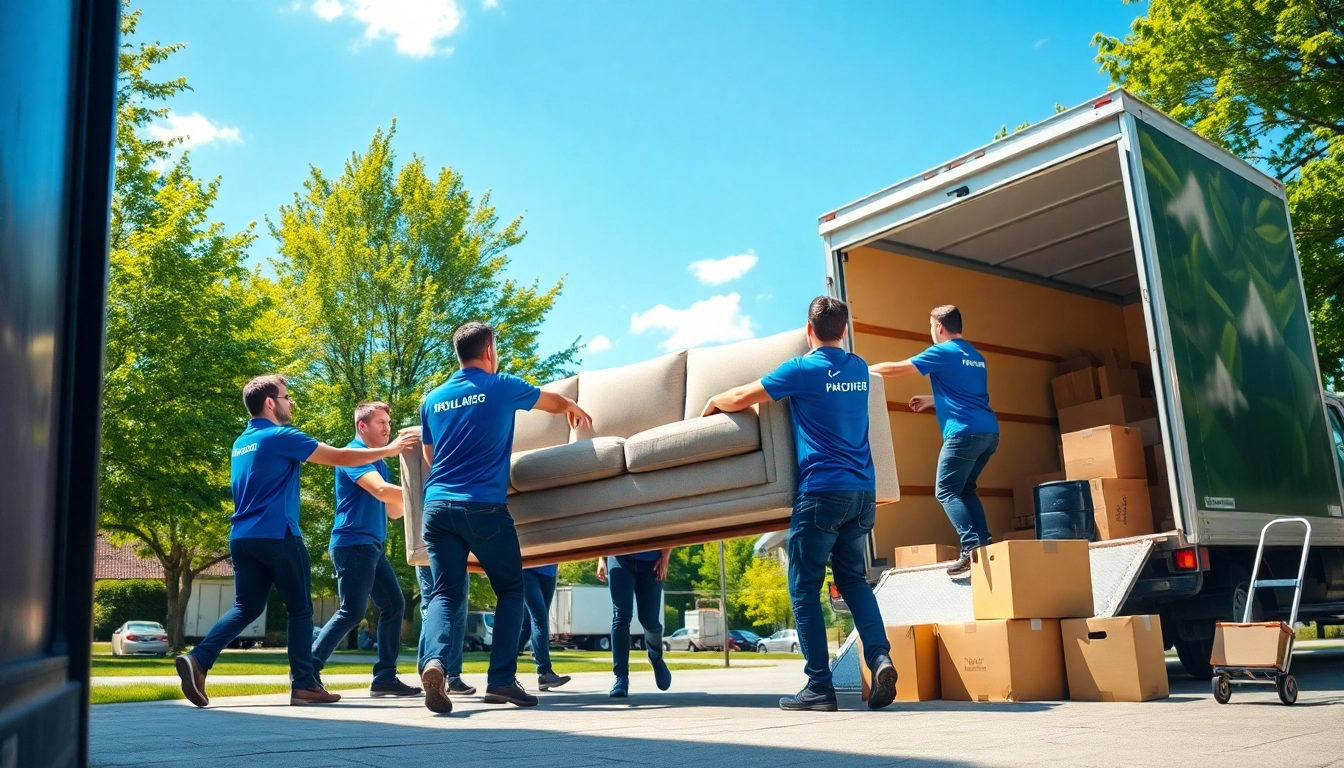 Toronto movers expertly lifting a couch during a relocation in a suburban setting.