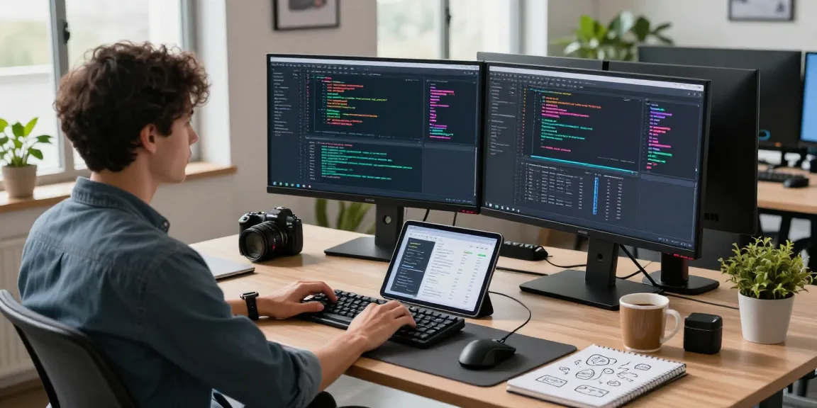 Workspace showcasing coding activity with 纸飞机中文版 application on various screens in a tech-savvy environment.