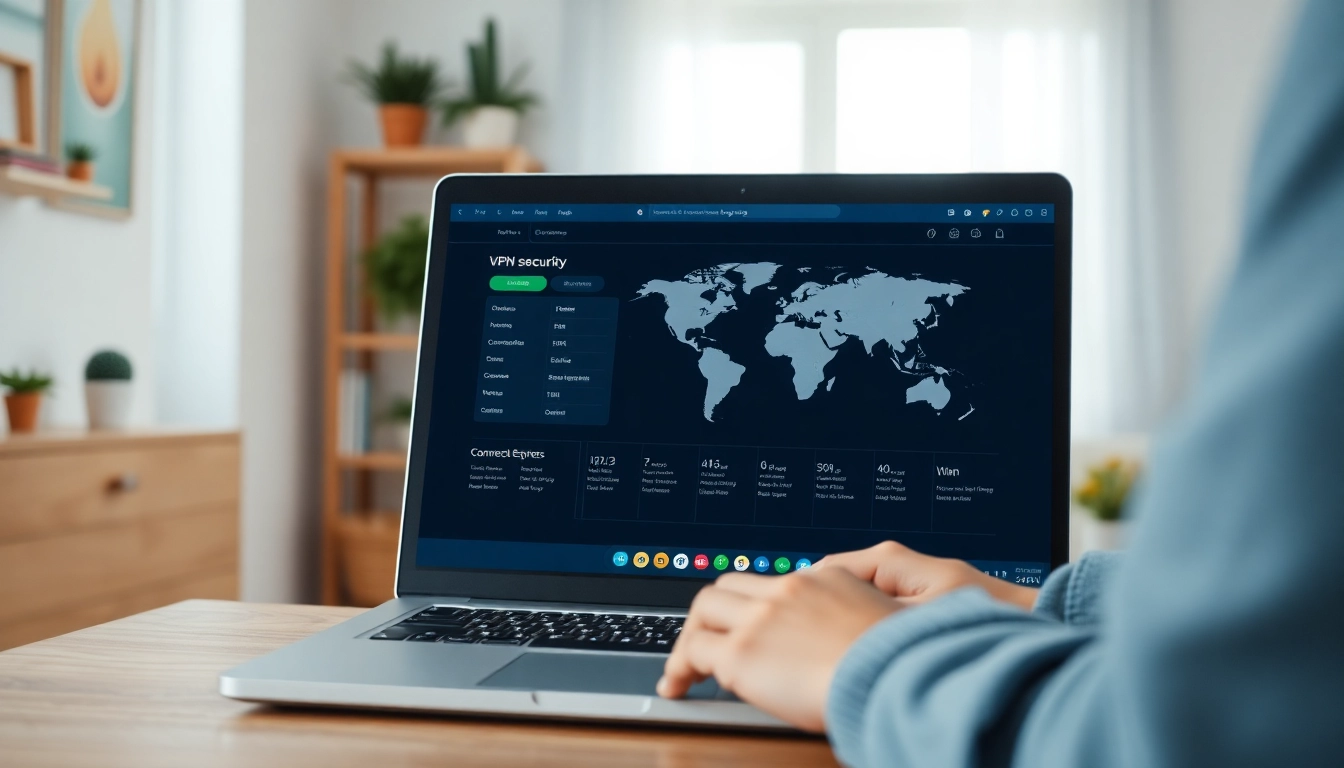 Secure browsing through a vpn application on a laptop in a cozy office environment.