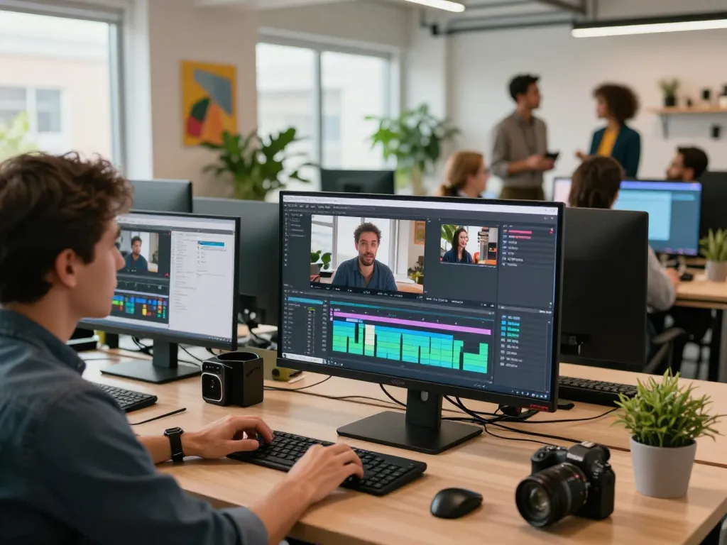 AI video to promptgenerator in action, showing professional analyzing video data with creative collaboration.