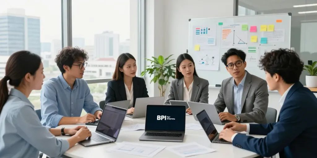 BPI Net Empresas team collaborating in a modern office, showcasing business strategies and digital tools.