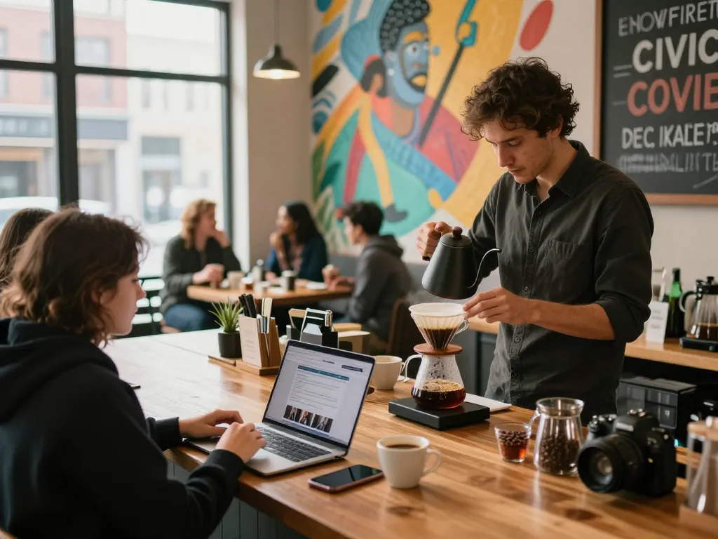 Barista brewing coffee in a lively coffee shop, depicting urban discussions on facing serious political issues.