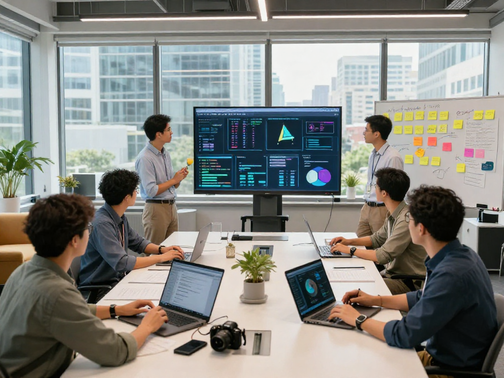 Team brainstorming in a modern tech workspace featuring crushon branding and innovative analytics.