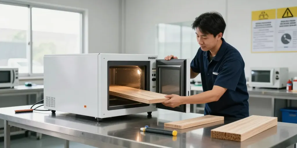 SHASHEL® technician using microwave equipment for quick woodworm elimination in a modern workshop.