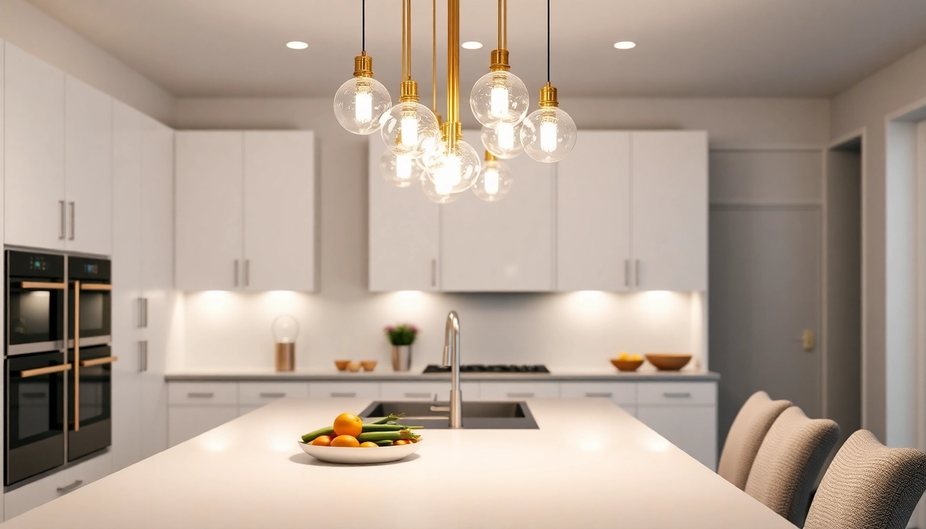 Bright island light fixture enhancing a modern kitchen with elegant design elements.