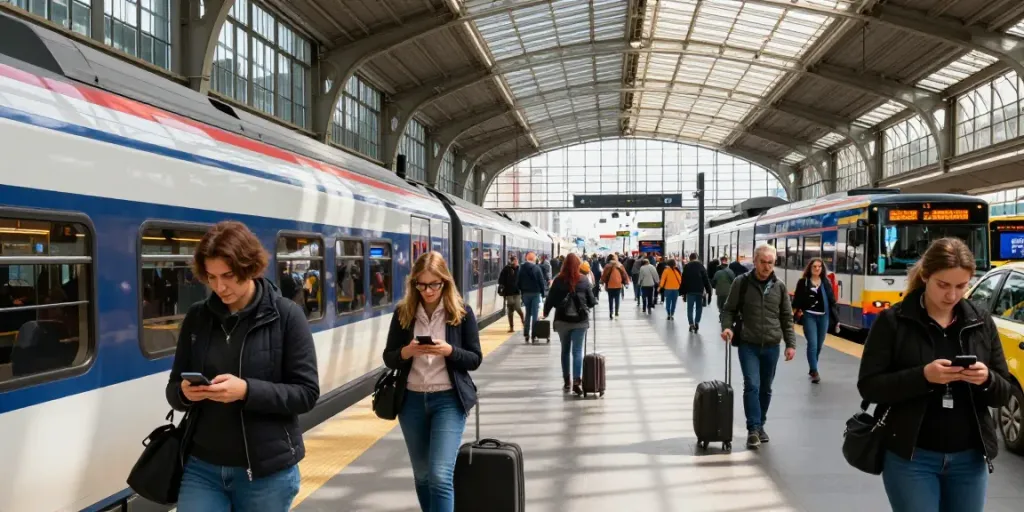 Commuters in a busy Italian train station navigating transport delays in real time.