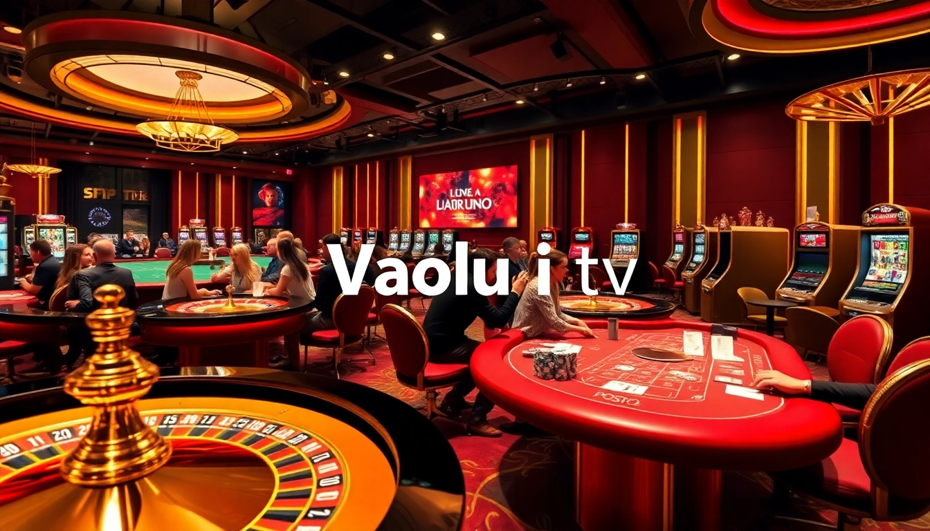 Exciting casino scene featuring Vaoluoi tv elements with poker tables, roulette wheels, and vibrant online gambling atmosphere.