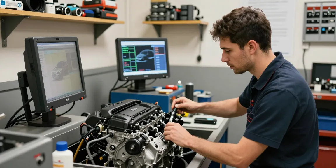 Professioneller Mechaniker in der BMW Werkstatt Hannover bei der Inspektion eines BMW-Motors mit modernem Werkzeug.