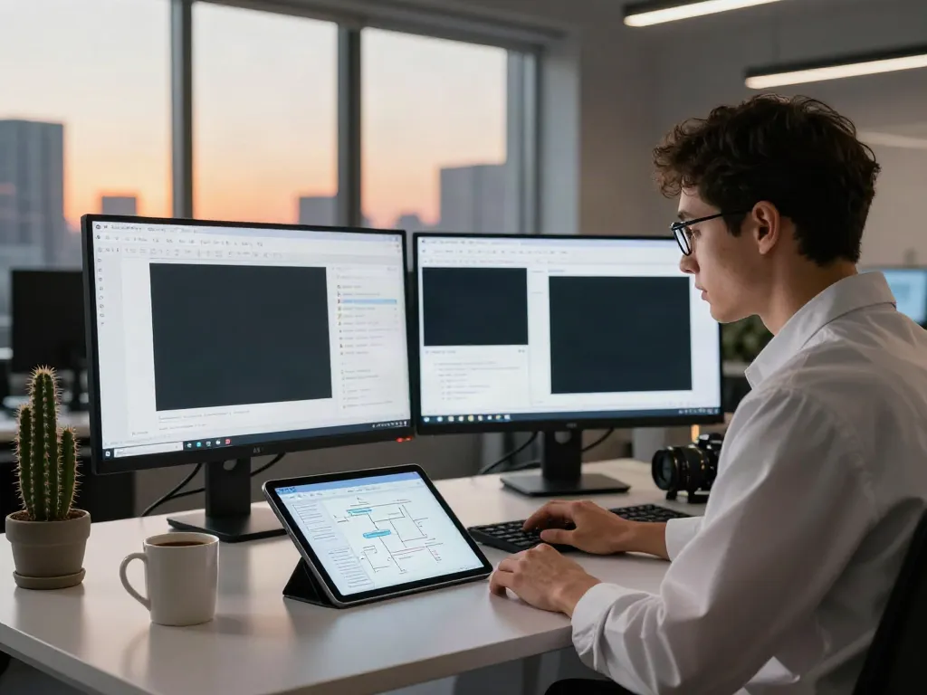 Find AI datasets in a modern training data workspace with dual monitors and a data scientist focused on analysis.