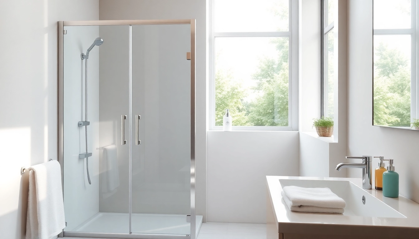 Showcase of sunney shower doors enhancing a modern bathroom with sleek glass and chrome features.