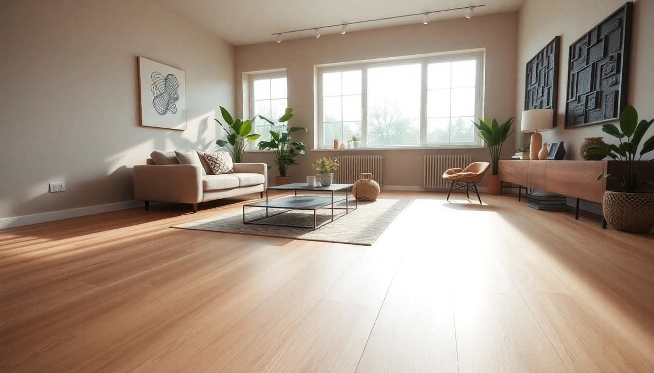 Showcased flexible vinyl plank flooring in a modern living room setting with natural light.