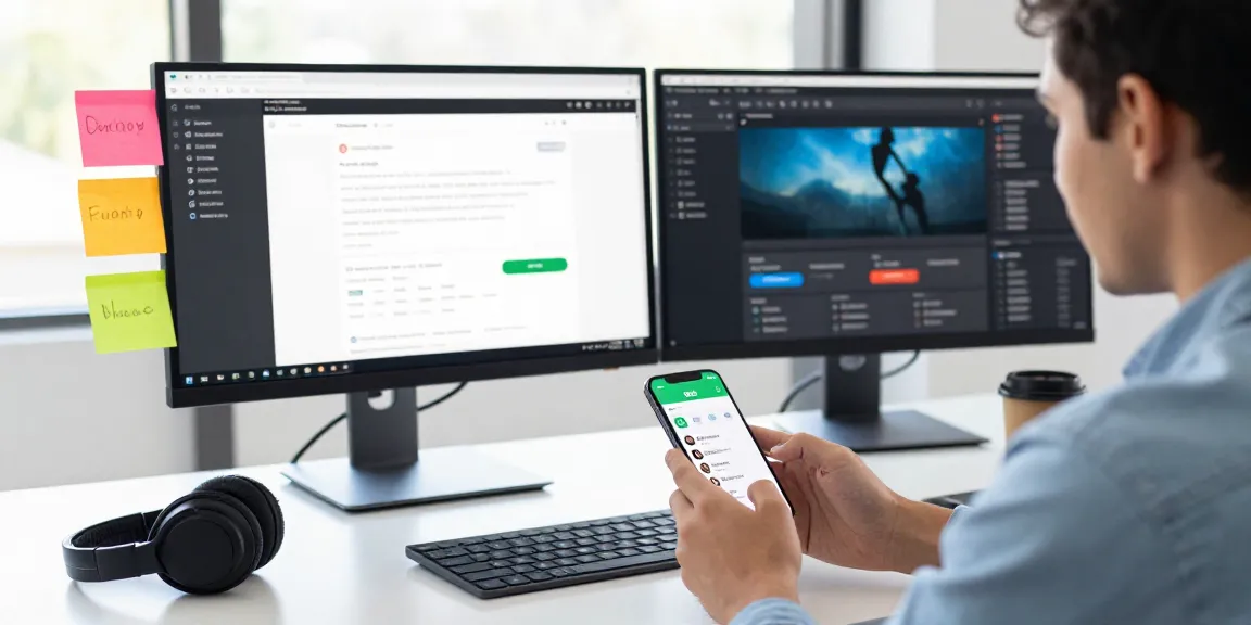 Engaging workspace with GB WhatsApp interface on smartphone, showcasing tech innovation and productivity.