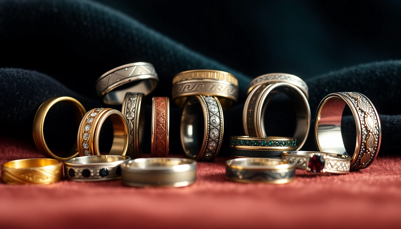 Showcasing Unique Wedding Bands for Men with intricate designs and elegant styles on a velvet backdrop.