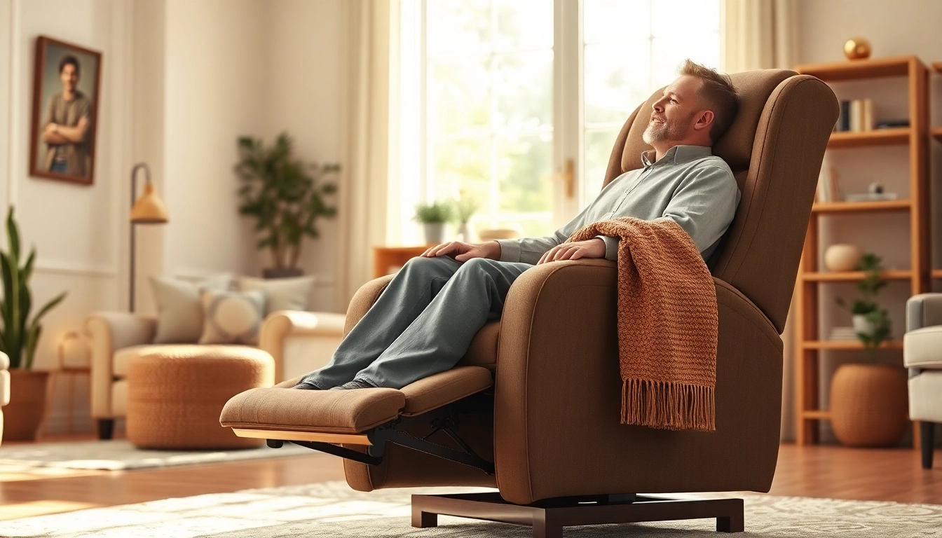 Relaxed tall person using a lift chair for tall person in a cozy living room setting.