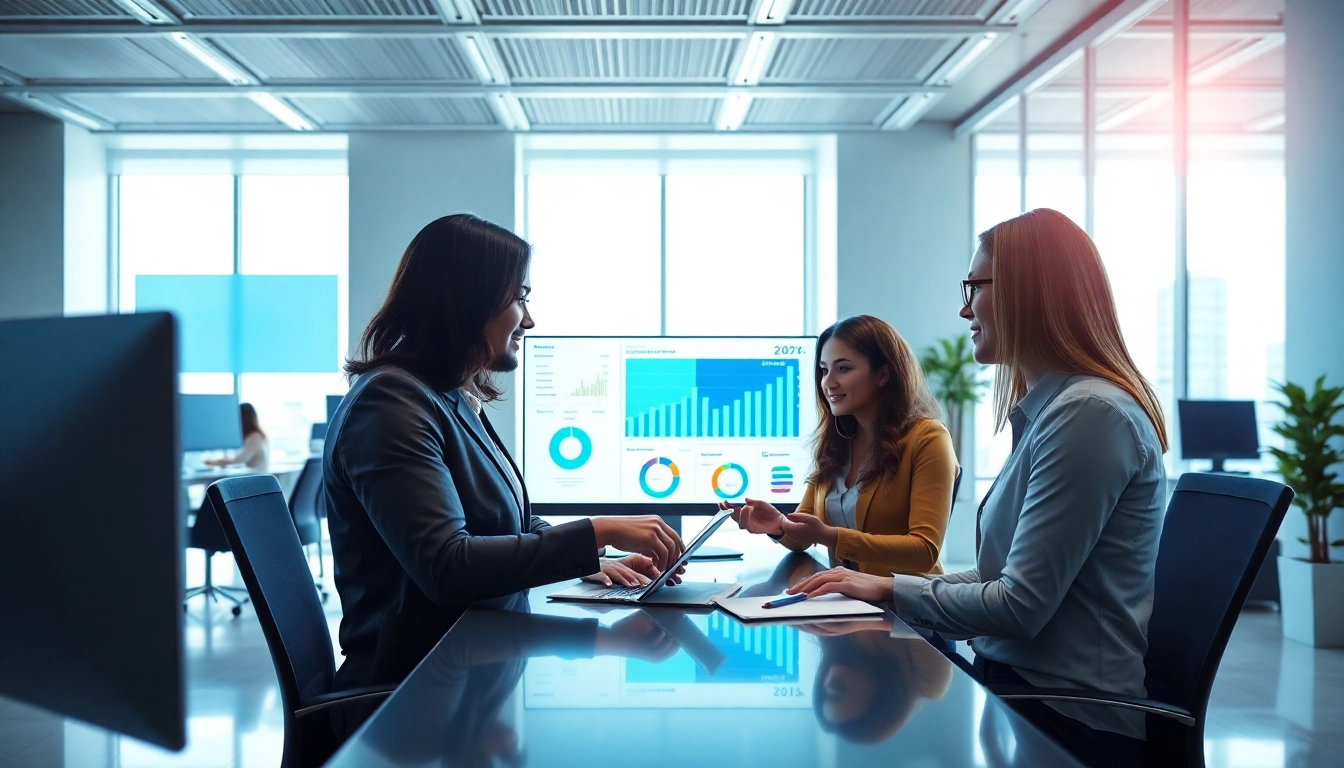 Team analyzing data with AI for competitive intelligence in a modern office setting.