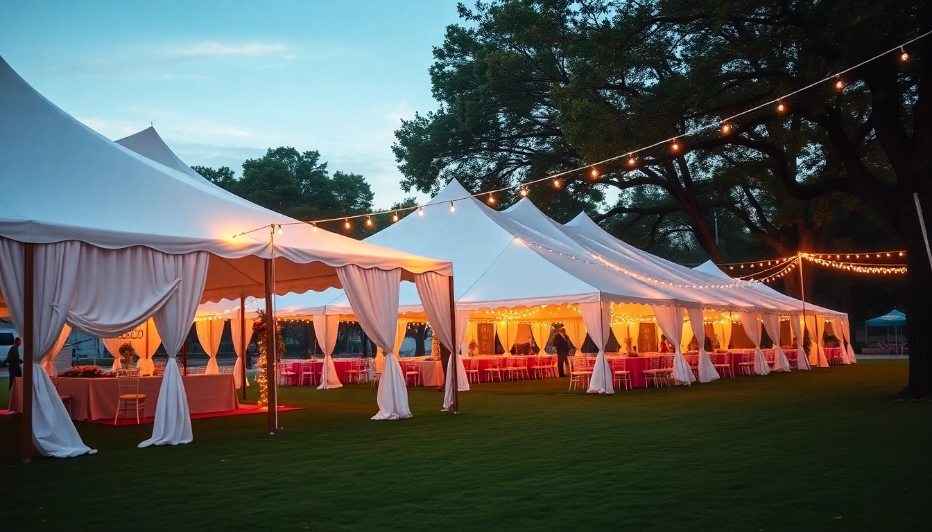 Discover beautiful tent rentals set up for an outdoor event with string lights and decorations.