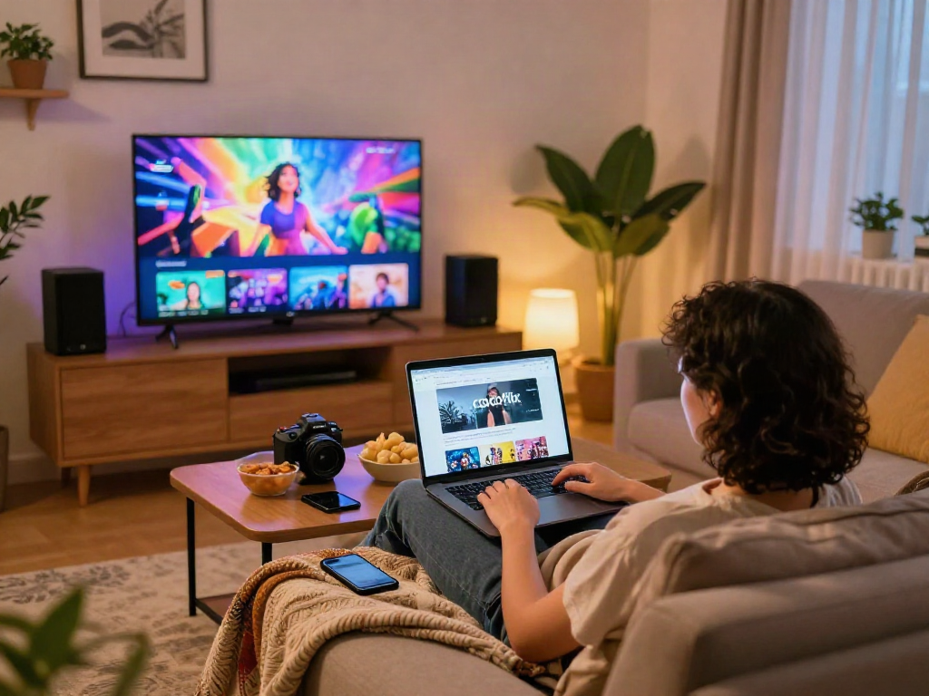 Experience cocoflix streaming comfort in a vibrant living room with snacks and tech.