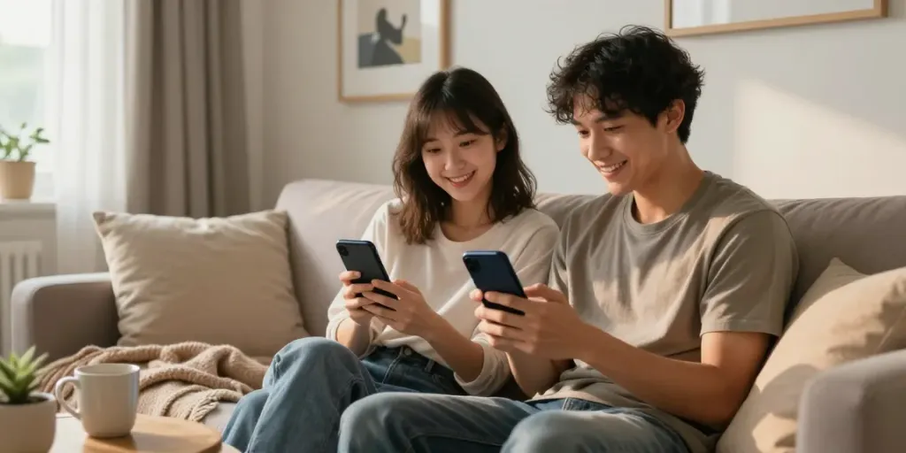 Engaging free ai sex chat between a couple and AI chatbot in a cozy living room.