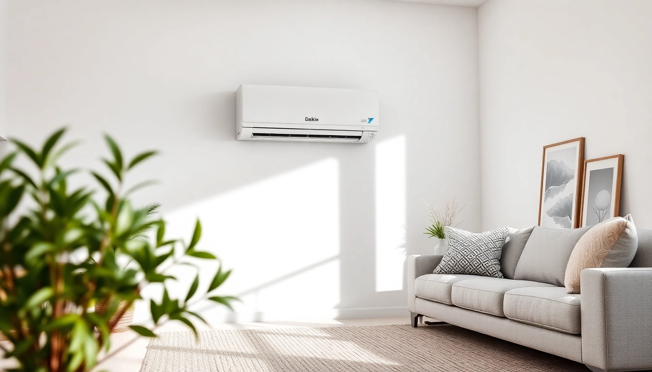 Showcasing a Daikin mini split AC installed in a stylish living room with bright lighting and modern décor.