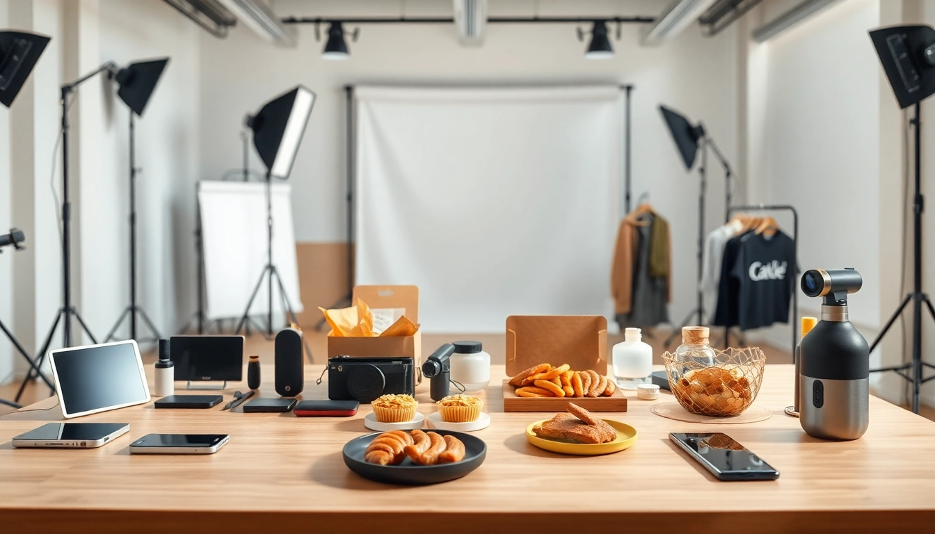 Fotografia di Prodotti in uno studio moderno con attrezzature e diversi oggetti.