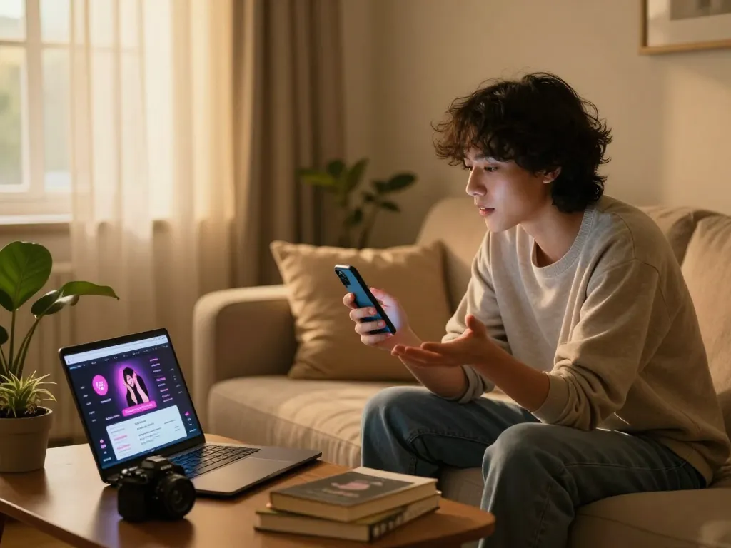 Engaging in a warm conversation with sex chat AI on a smartphone in a cozy room.