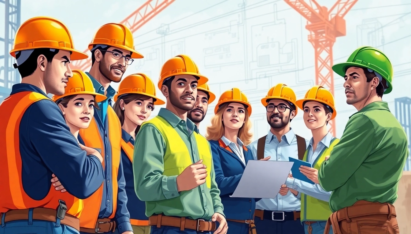 Profesionales usando gorras de trabajo coloridas en un sitio de construcción.