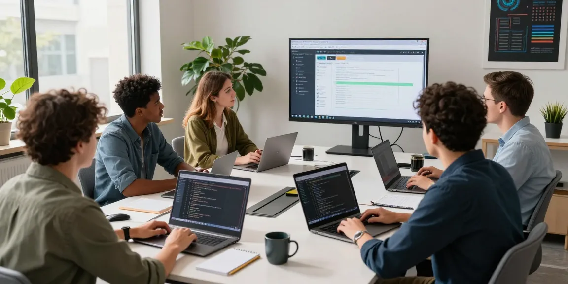 Team collaborating on 纸飞机中文版 software development in a modern office.