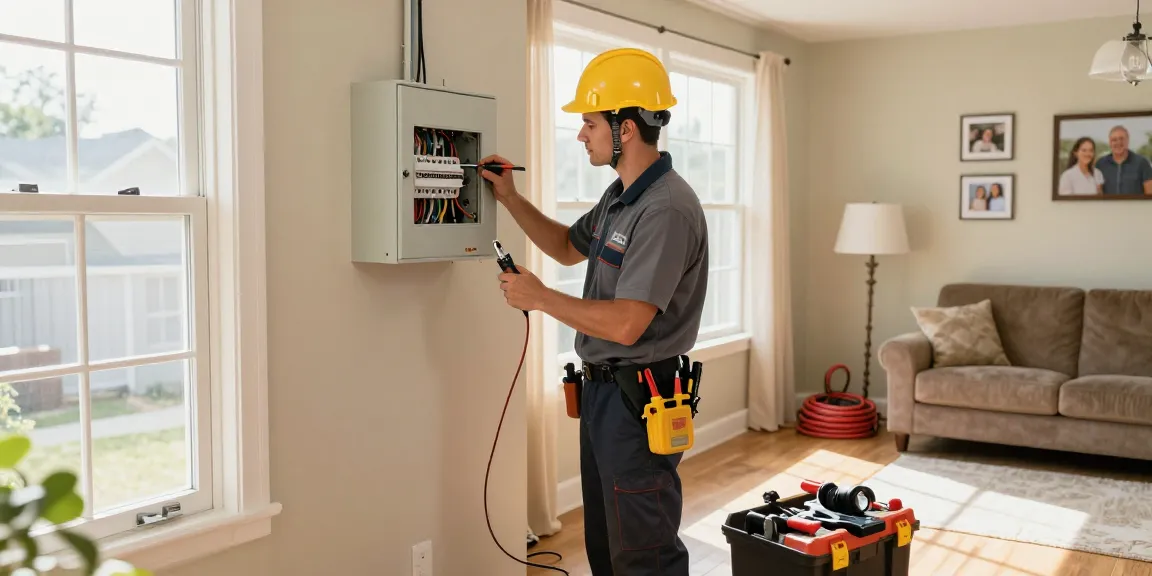 Local emergency electrician inspecting a home's electrical panel with essential tools.