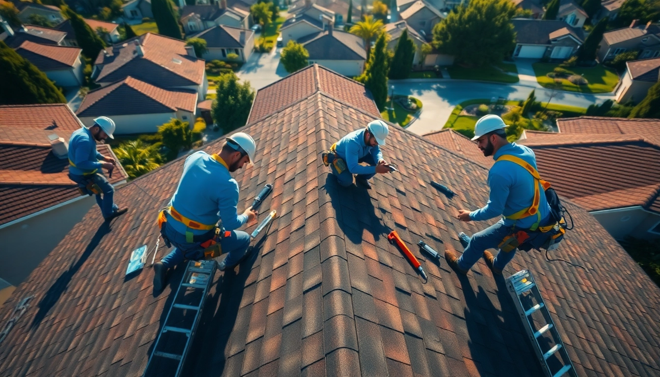 Roof repair team working expertly on a home’s roof, showcasing their skills and tools.