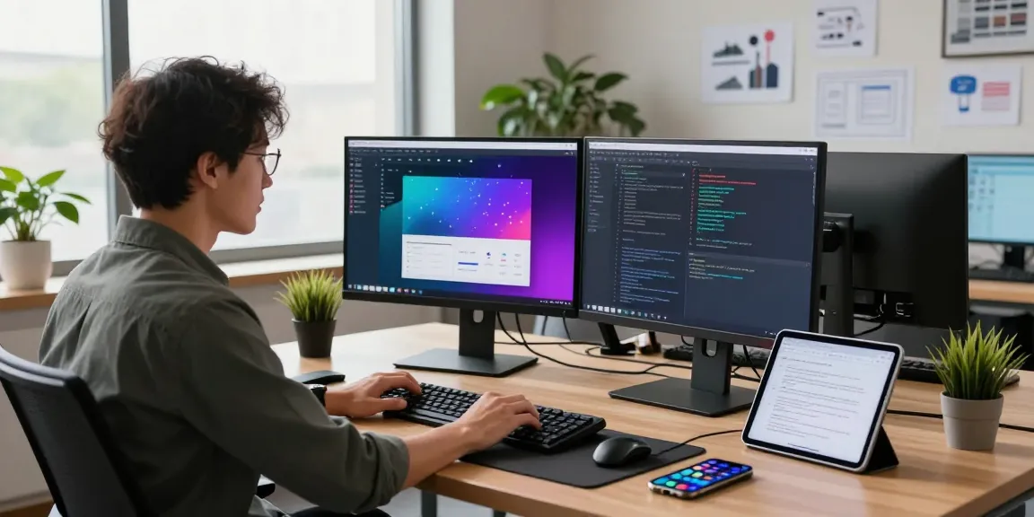 Professional tech workspace with developer coding paper airplane app 纸飞机中文版 features