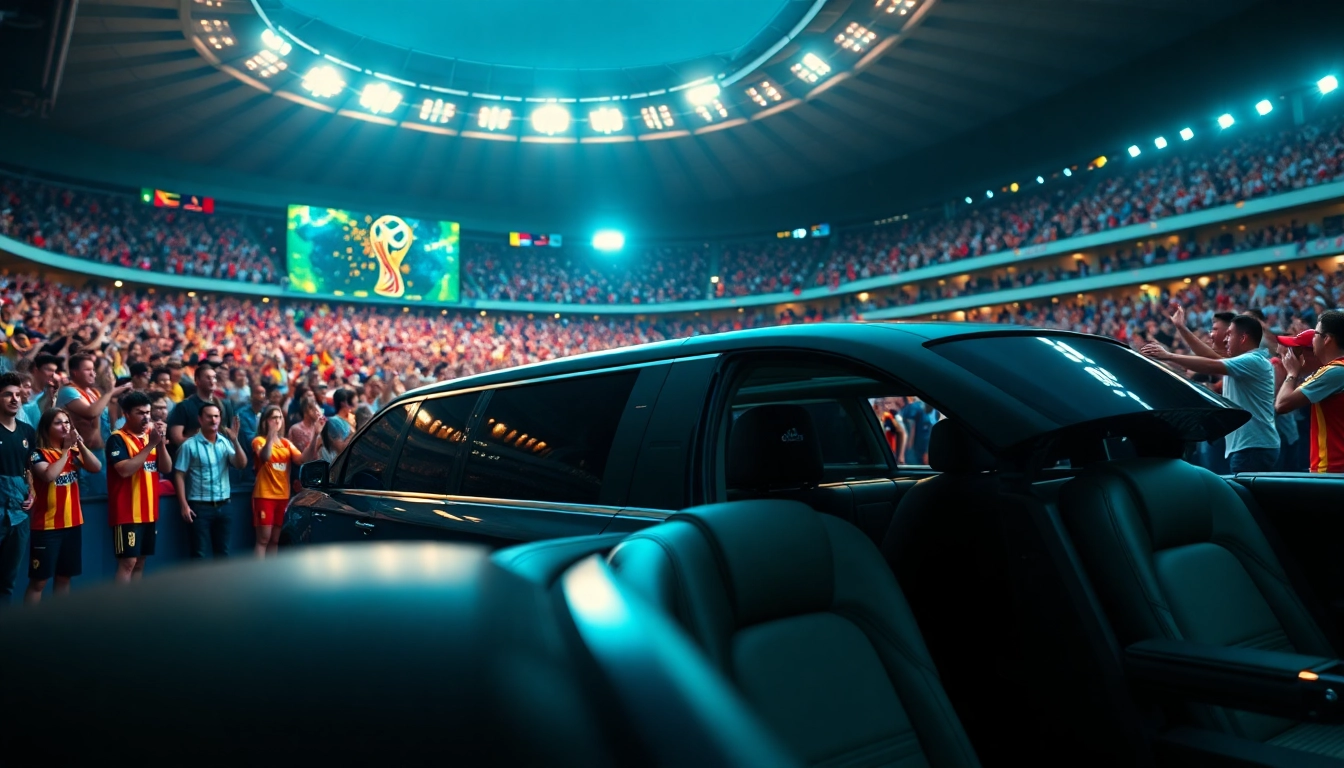 World Cup Group Transportation featuring a luxury limousine at a stadium with excited fans.