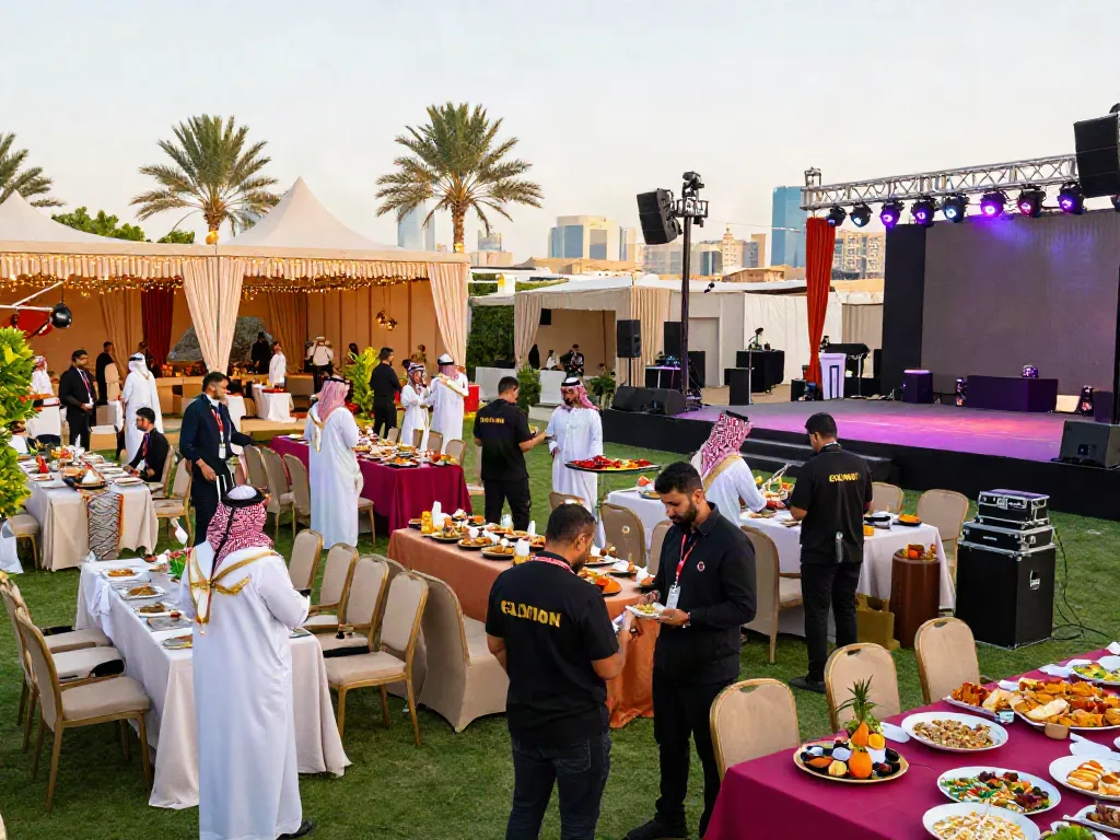 Event rentals setup scene with diverse planners arranging elegant seating and AV equipment in Saudi Arabia