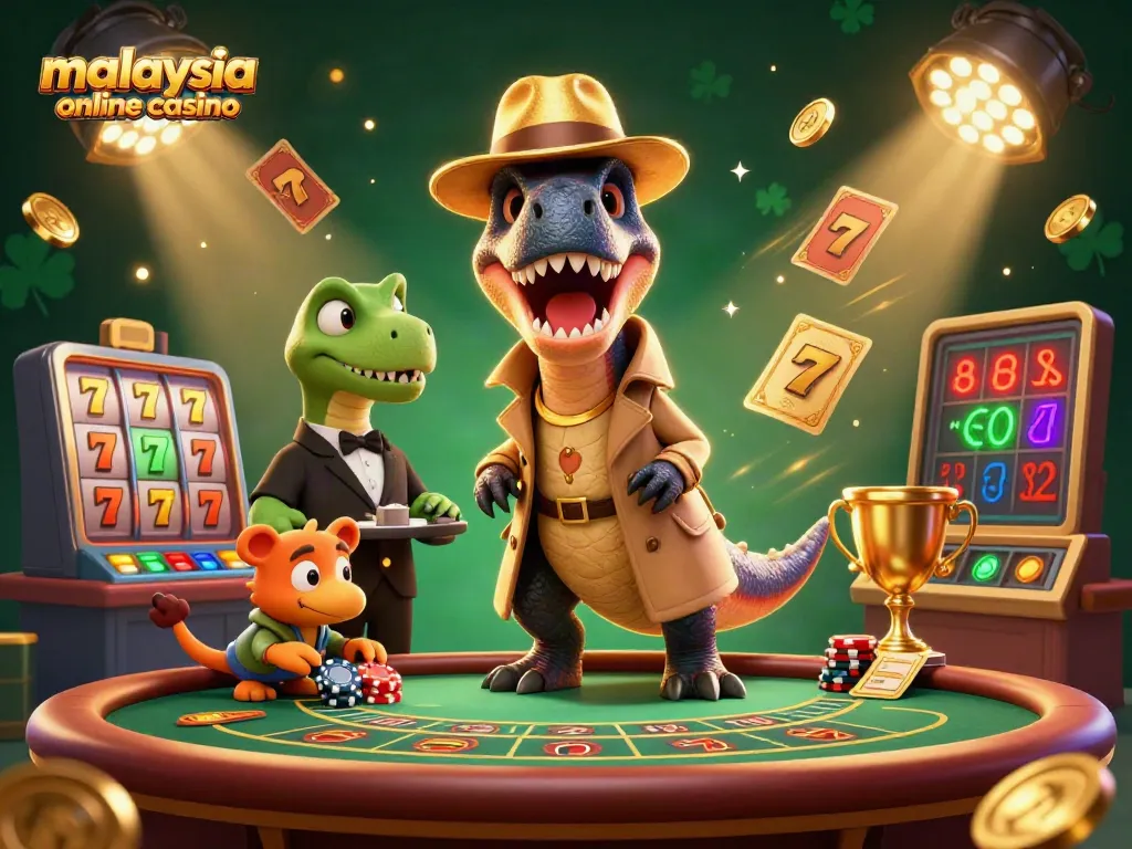 Engage in thrilling gameplay at the best malaysia online casino with a 3D velociraptor card counter.