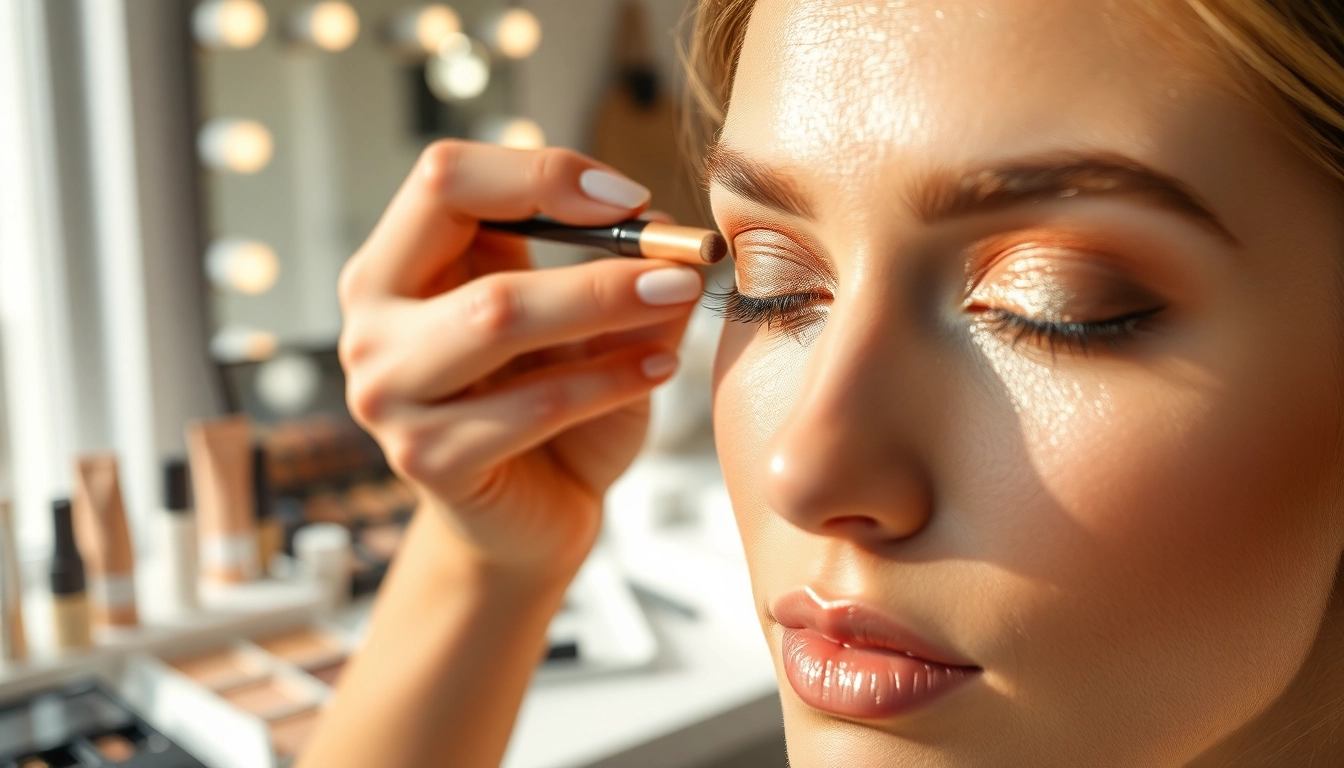 Applying champagne eyeshadow to enhance beauty in a vibrant makeup session.
