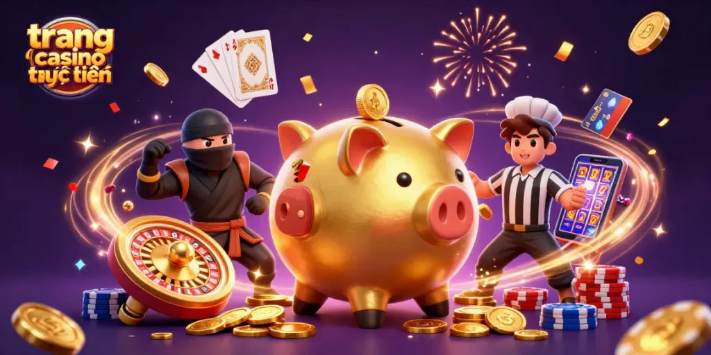 Hình ảnh trang casino trực tuyến với biểu tượng lợn đất vàng và các hình ảnh cá cược hấp dẫn