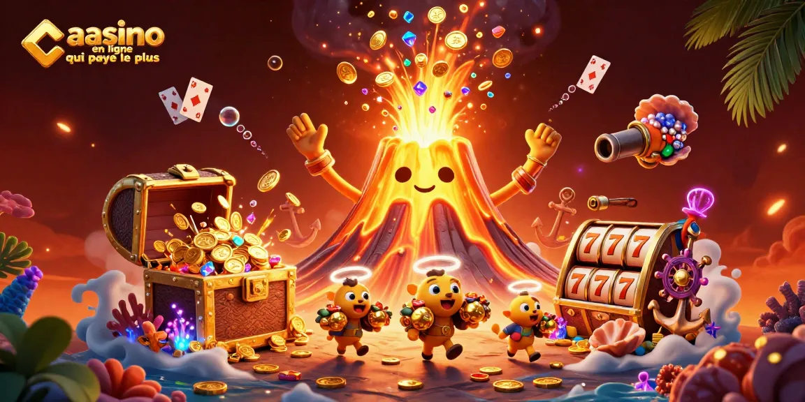 Découvrez le casino en ligne qui paye le plus avec un volcan doré et un trésor explosif sur cette illustration captivante.