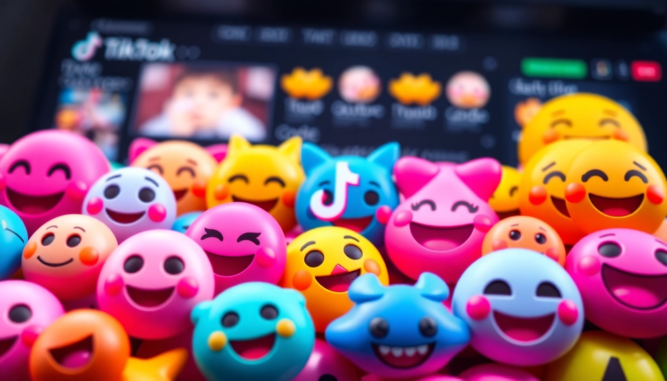 Tiktok emojis showcased in a vibrant digital collage with colorful backgrounds.