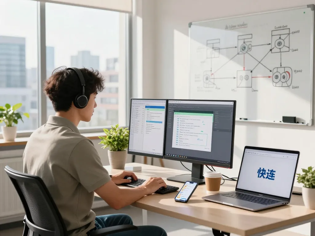 快连 network optimization technician assisting users in a bright office