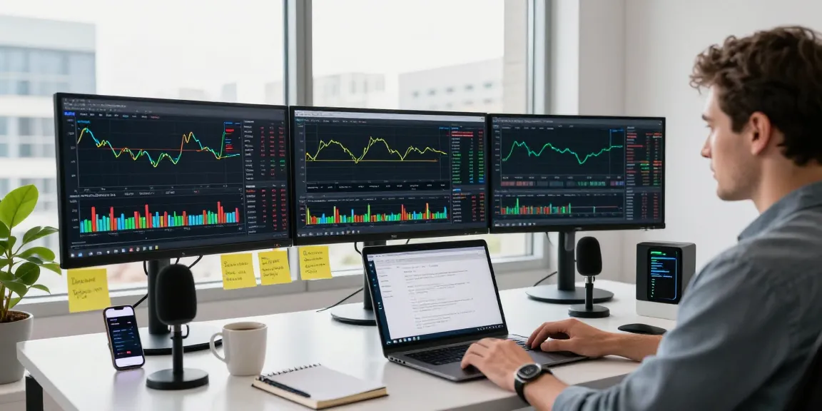 MetaTrader 5 trading platform setup with trader analyzing charts in a modern workspace.