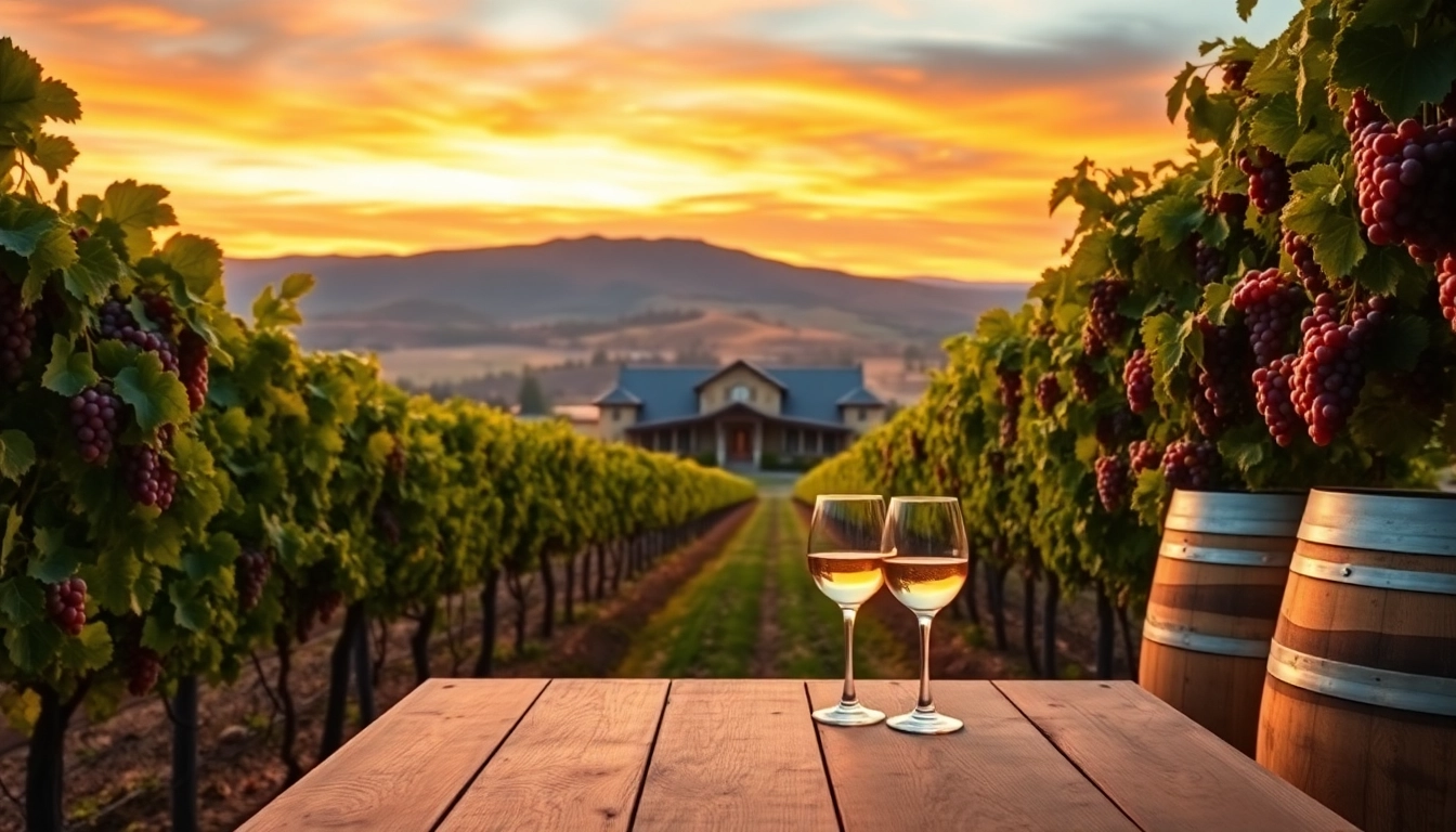 Experience the beauty of wineries in Clarksburg with lush vineyards and a stunning sunset view.